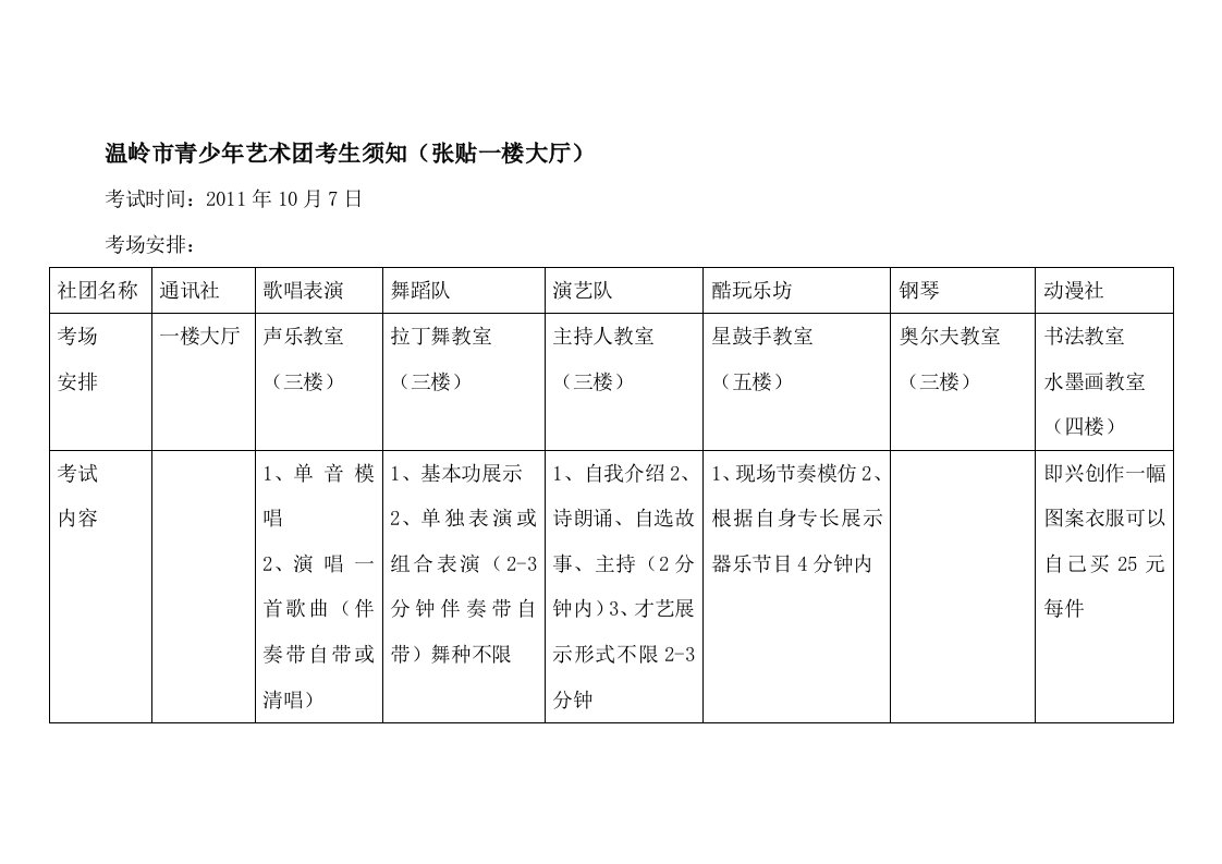 温岭市青少年艺术团考生须知