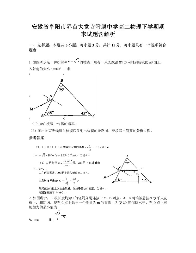 安徽省阜阳市界首大觉寺附属中学高二物理下学期期末试题含解析