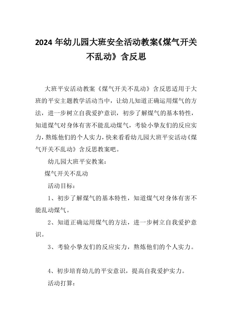 2024年幼儿园大班安全活动教案《煤气开关不乱动》含反思