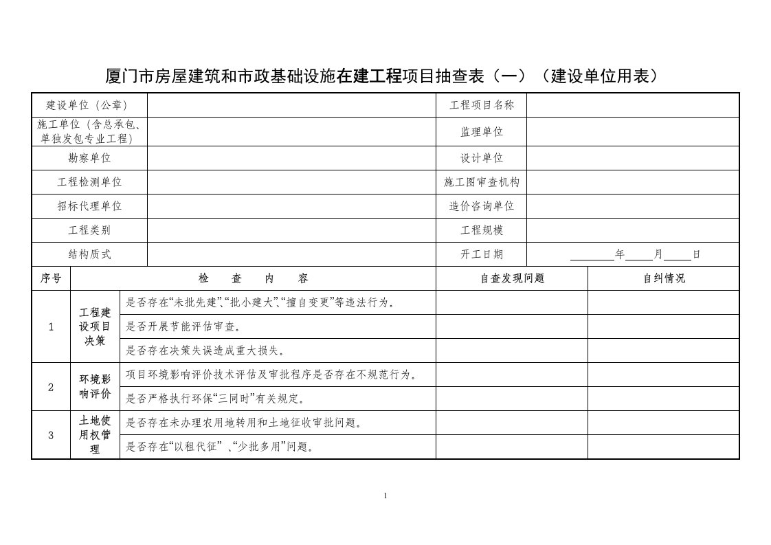 厦门市房屋建筑和市政基础设施工程项目抽查表-关于印发《福