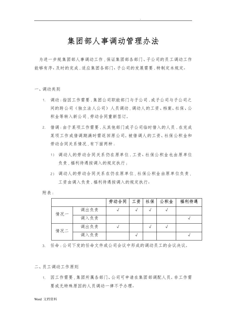 集团内部人事调动管理办法