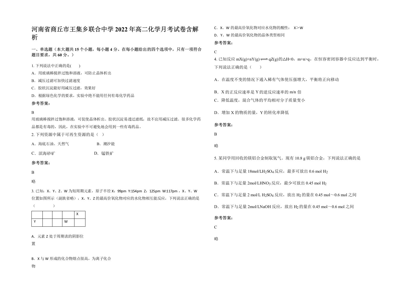 河南省商丘市王集乡联合中学2022年高二化学月考试卷含解析