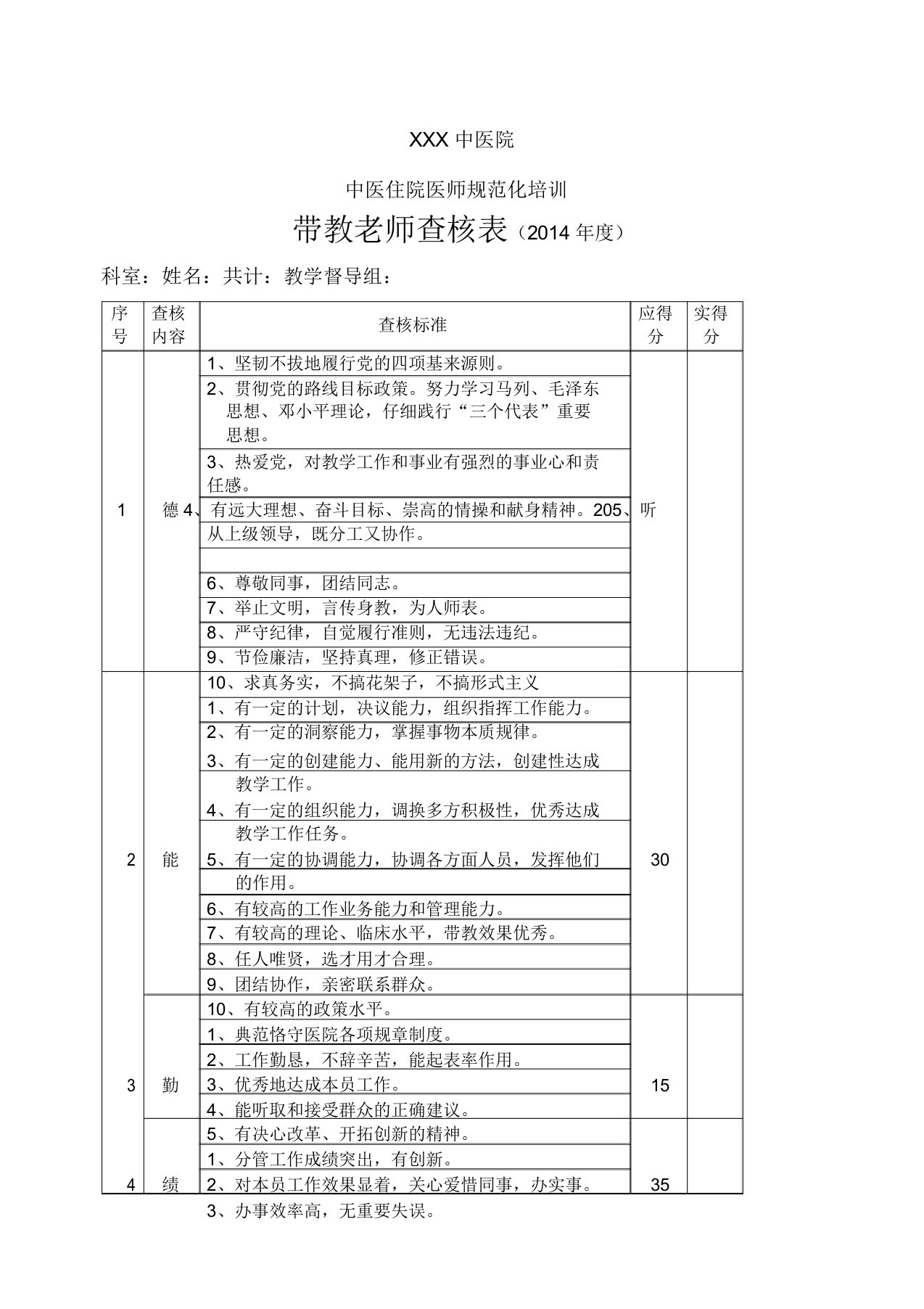 医院年度带教老师考核表