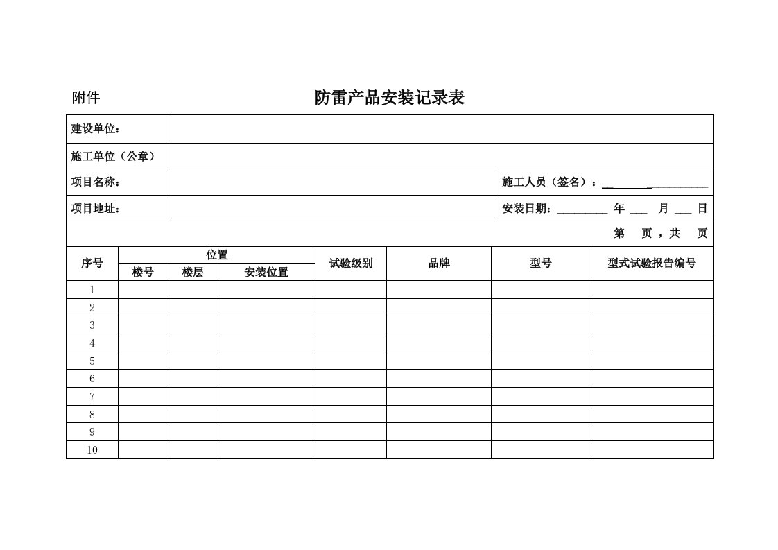 防雷产品安装记录表.doc