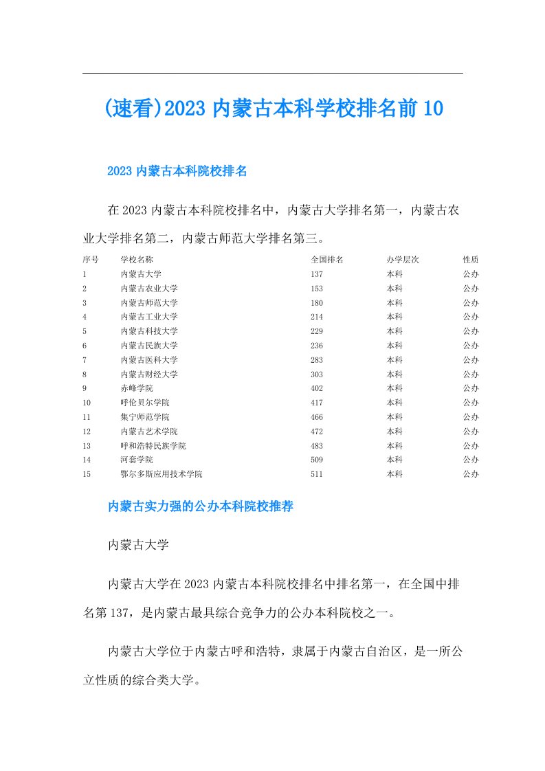 (速看)内蒙古本科学校排名前10