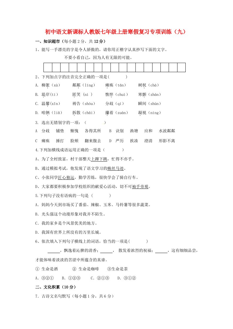 七年级语文上学期寒假复习专项训练九人教新课标版