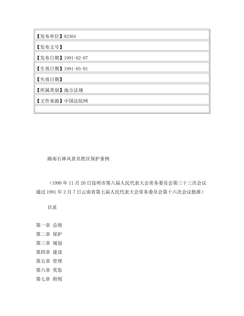 路南石林风景名胜区保护条例