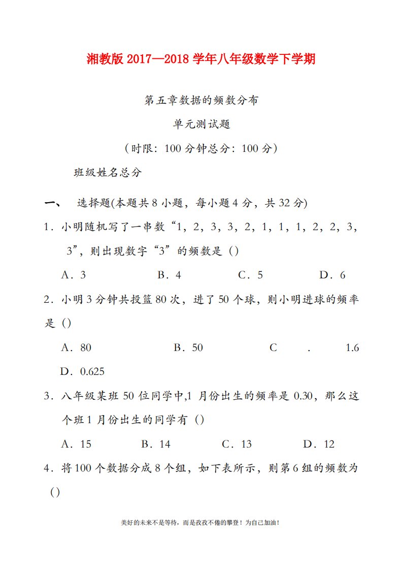 (新课标)湘教版八年级数学下册《数据的频数分布》单元测试题及答案解析二