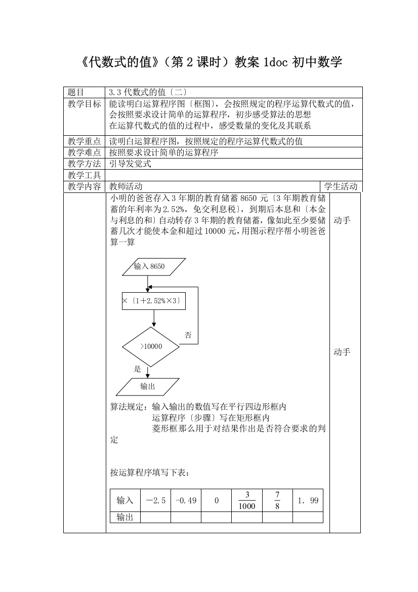 《代数式的值》(第2课时)教案1doc初中数学