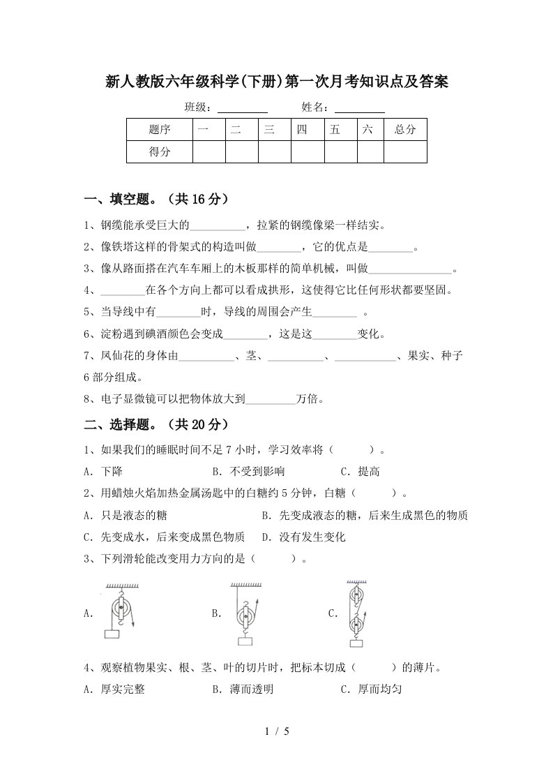 新人教版六年级科学下册第一次月考知识点及答案