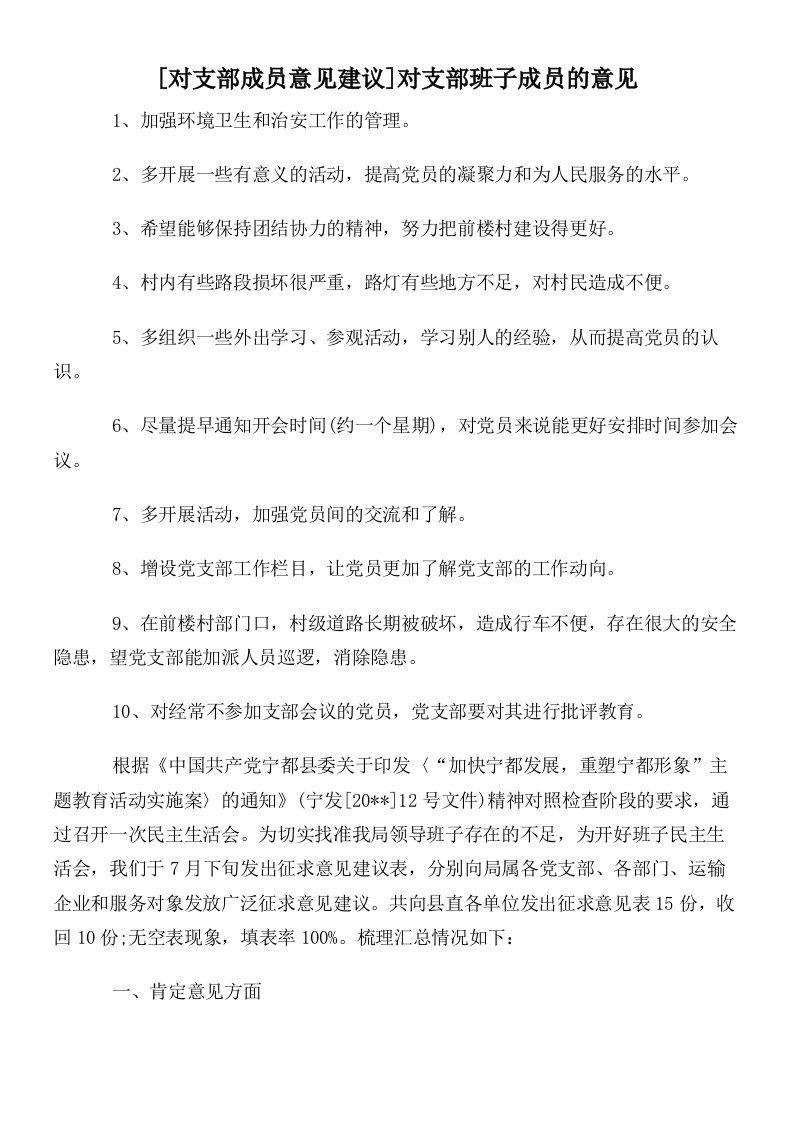 [对支部成员意见建议]对支部班子成员的意见