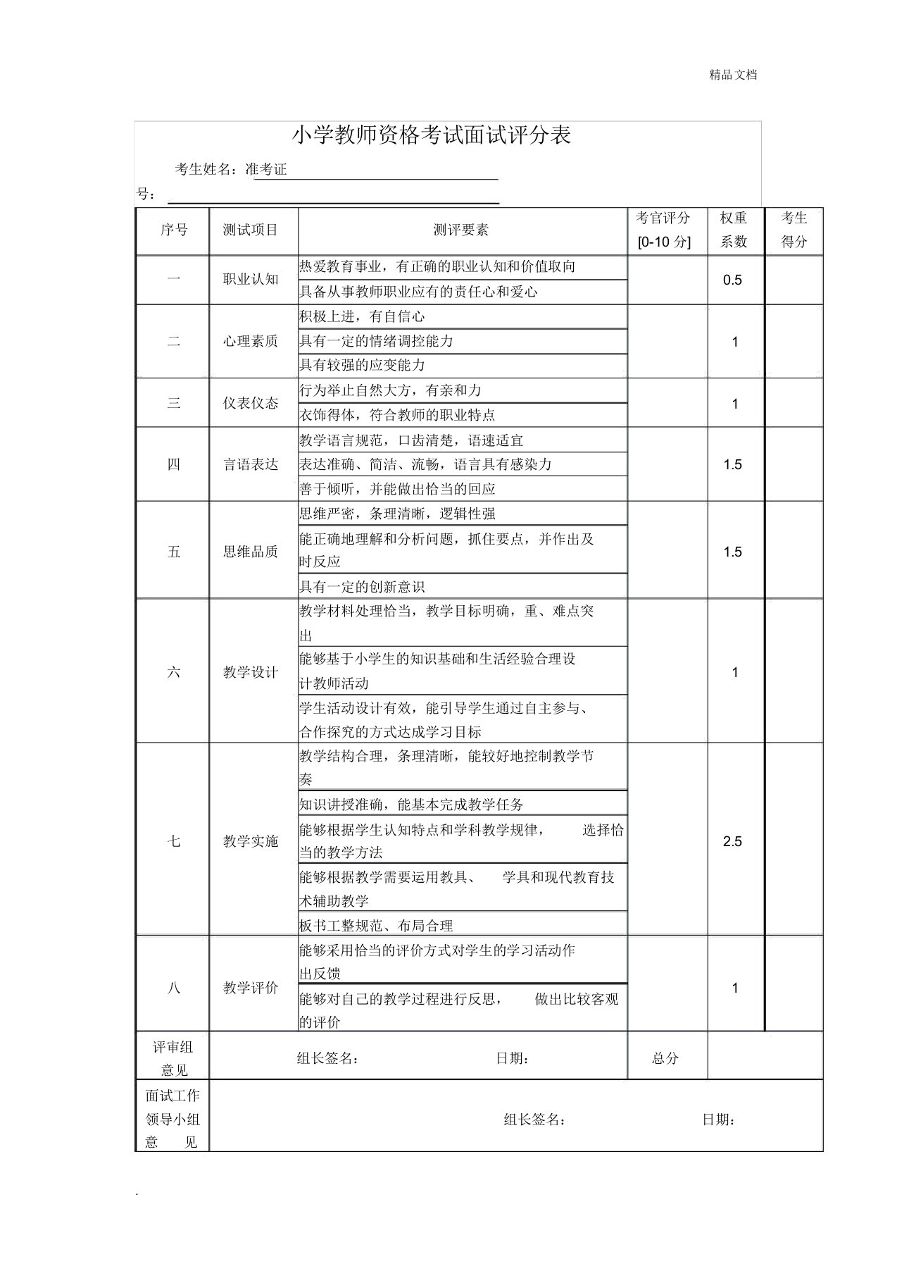 小学教师资格考试面试评分表