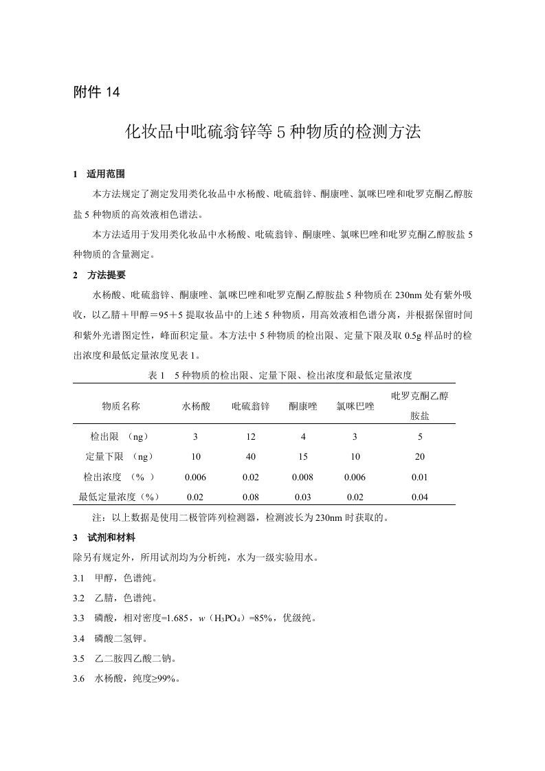 化妆品中吡硫翁锌等5种物质的检测方法