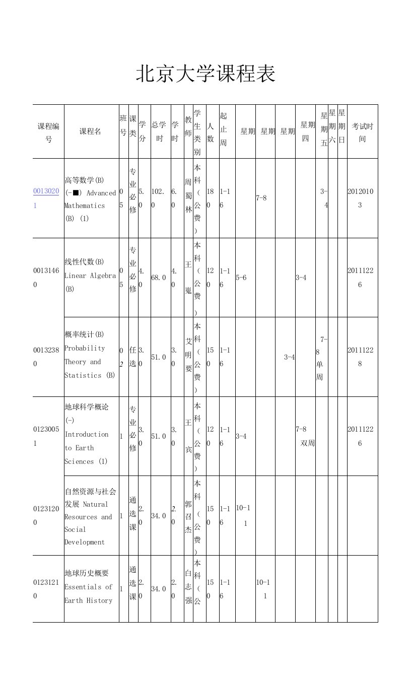 北京大学地质系课程表