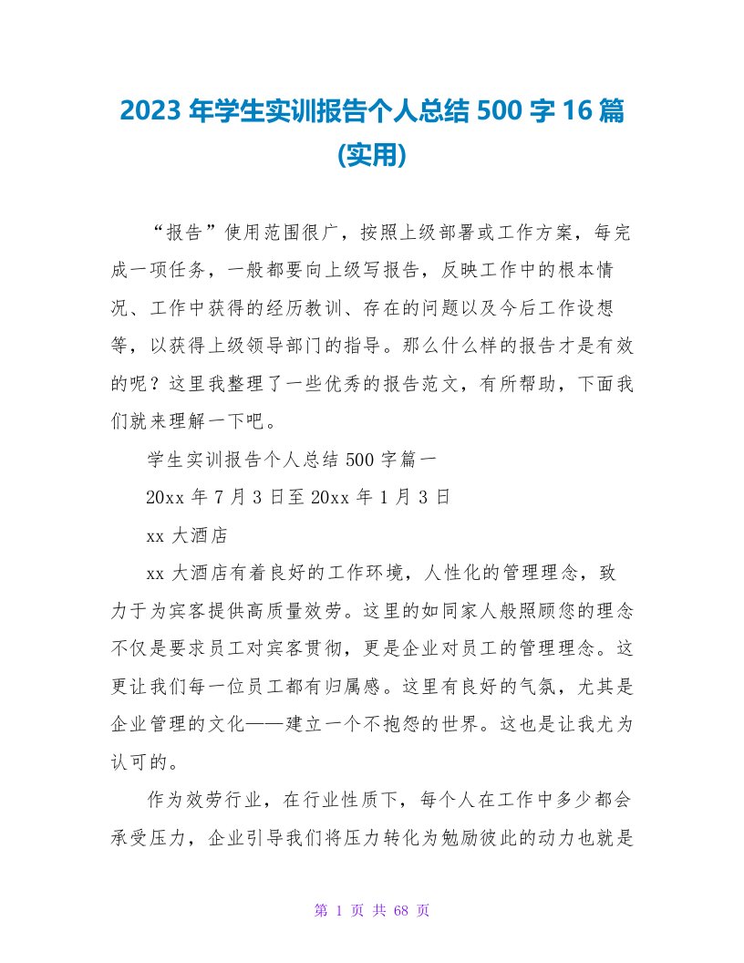 2023年学生实训报告个人总结500字16篇(实用)