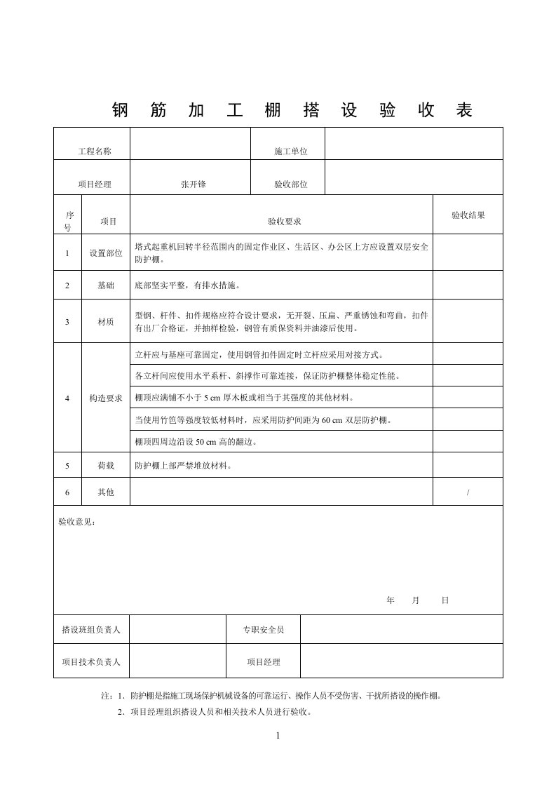 钢筋加工棚搭设验收表