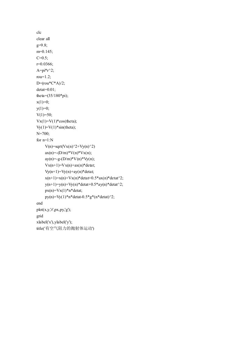 有空气阻力的抛射体运动matlab程序
