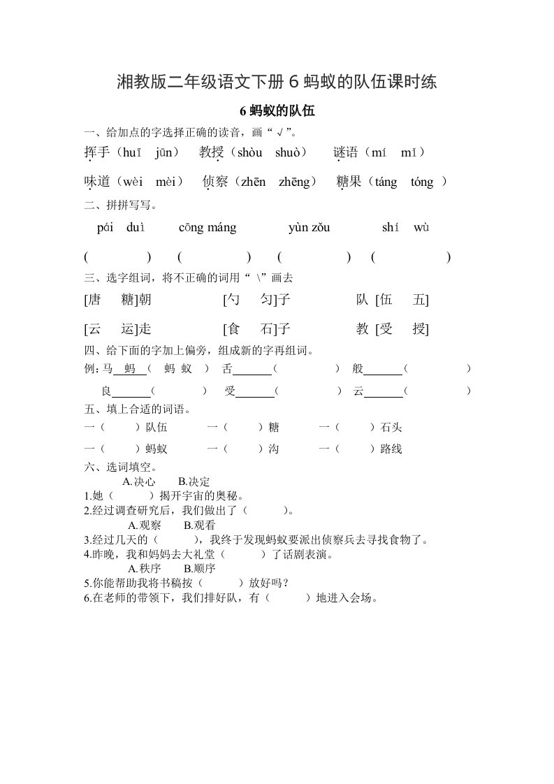 湘教版二年级语文下册6蚂蚁的队伍课时练