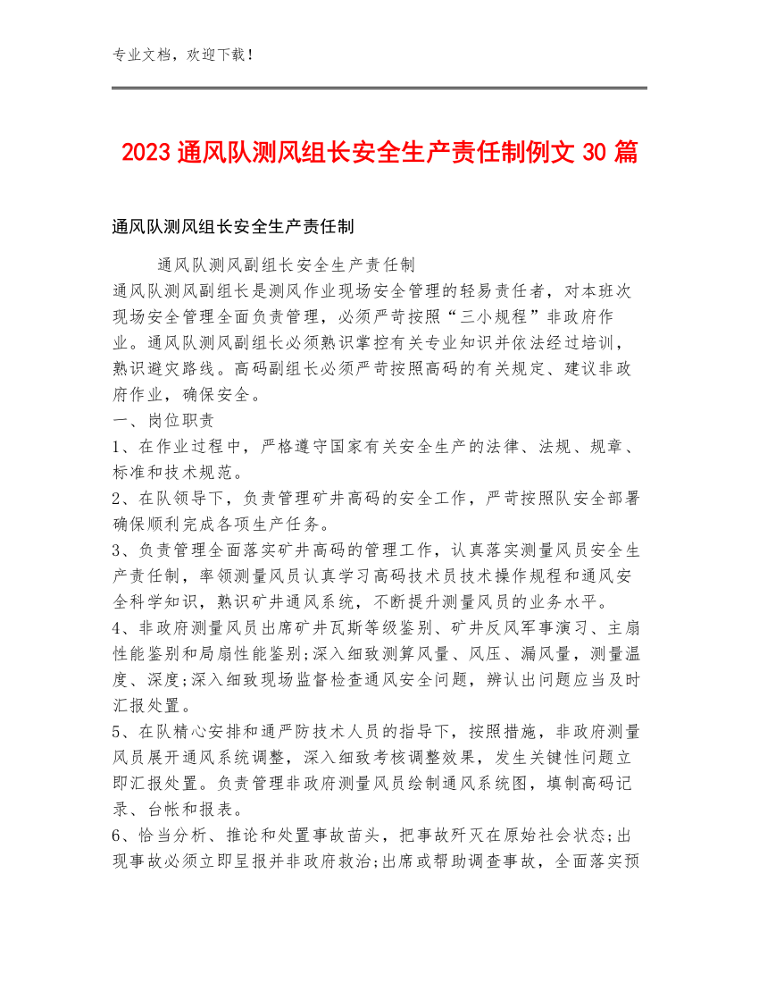 2023通风队测风组长安全生产责任制例文30篇