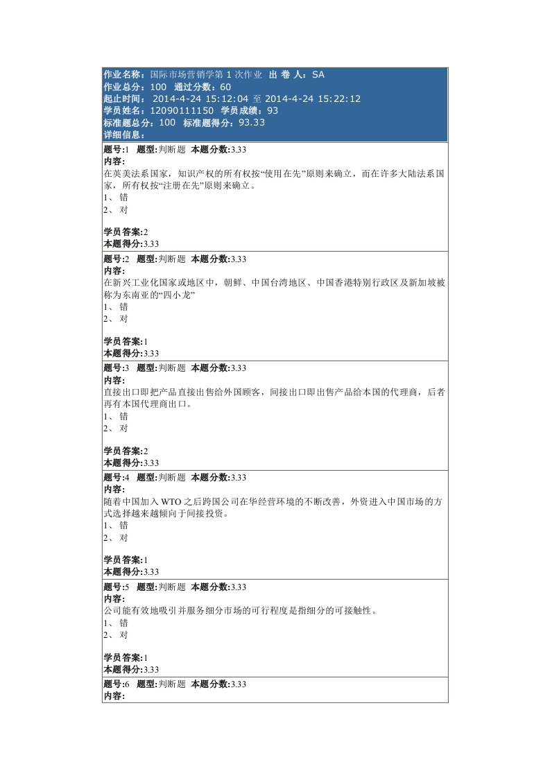 南大2014国际市场营销第一次作业