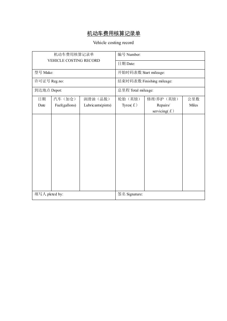 冶金行业-机动车费用核算记录单