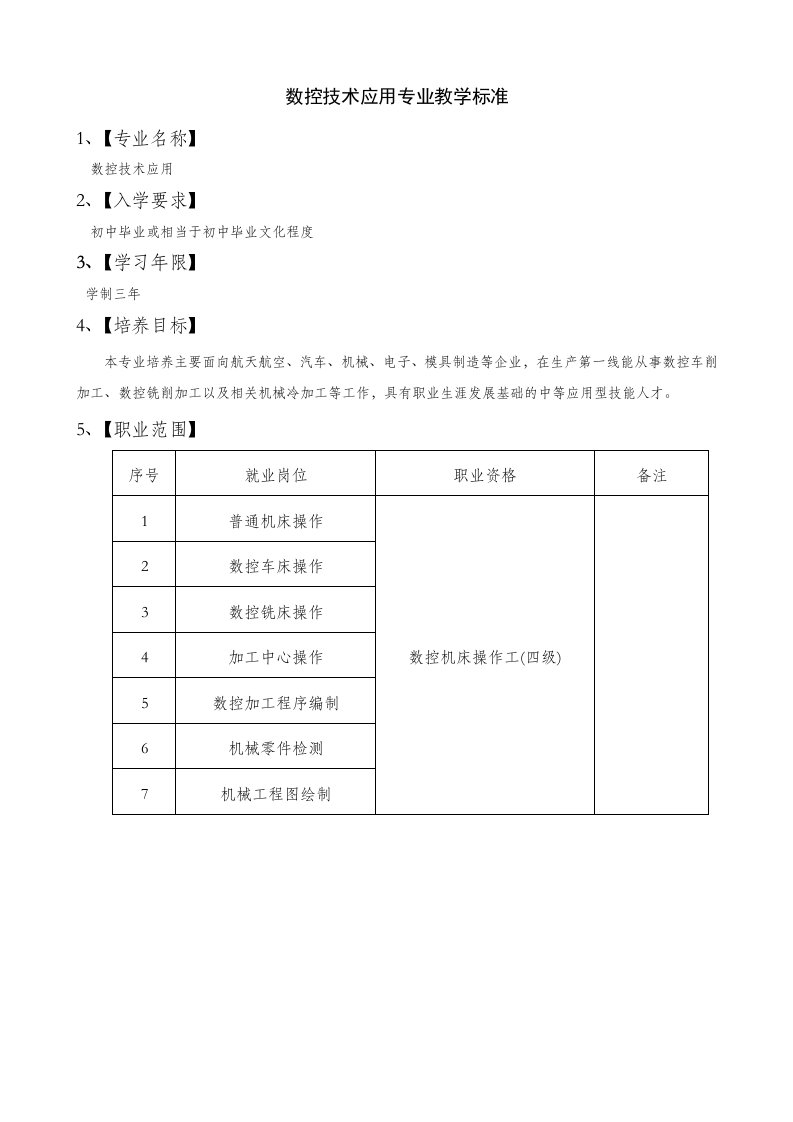 数控技术应用专业教学标准