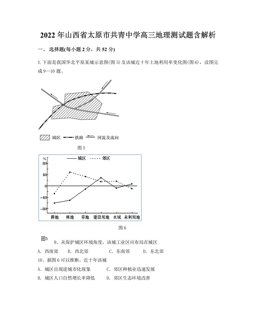 2022年山西省太原市共青中学高三地理测试题含解析