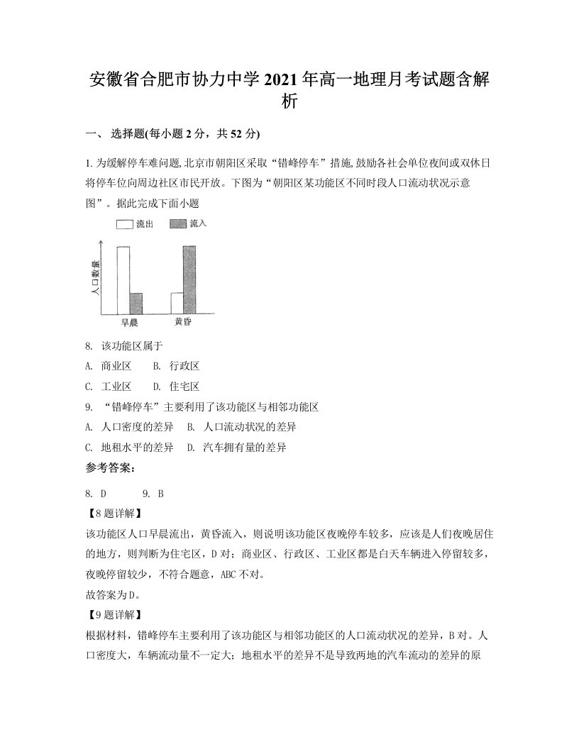 安徽省合肥市协力中学2021年高一地理月考试题含解析