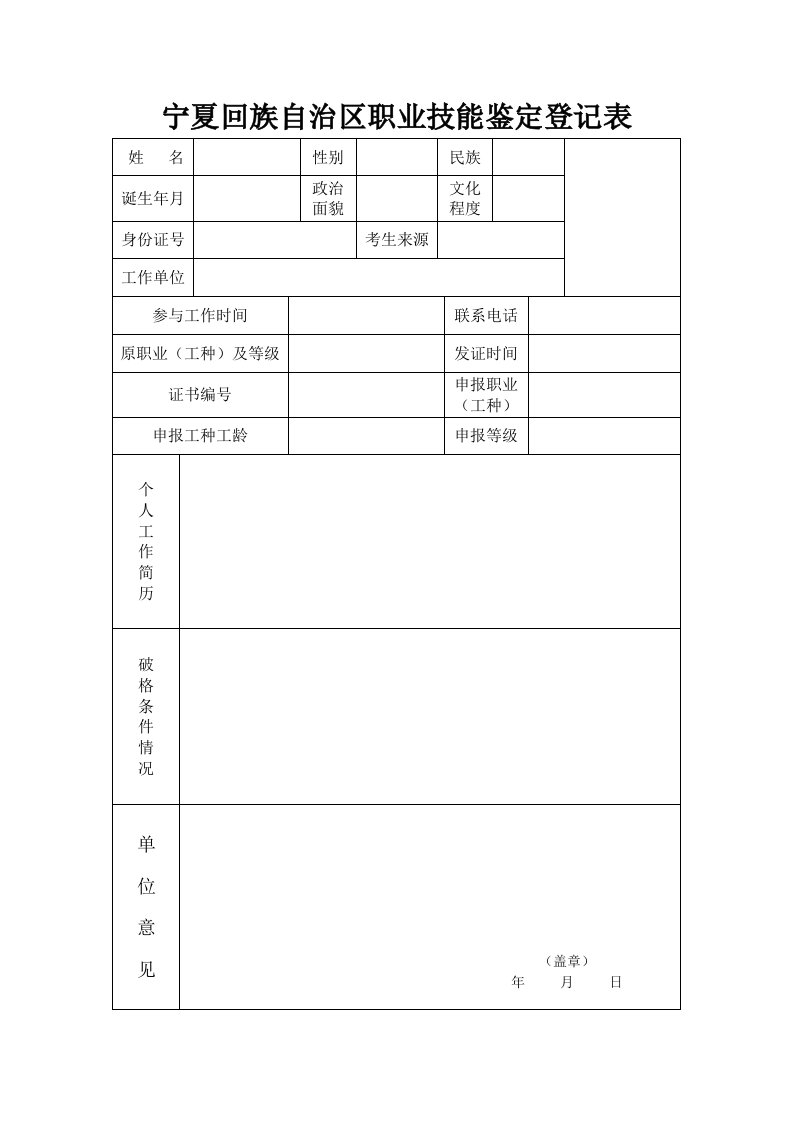 职业技能鉴定登记表(模板)