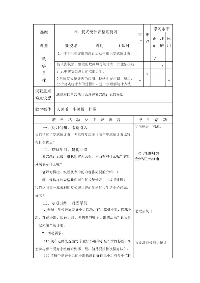 15、复式统计表复习教案doc