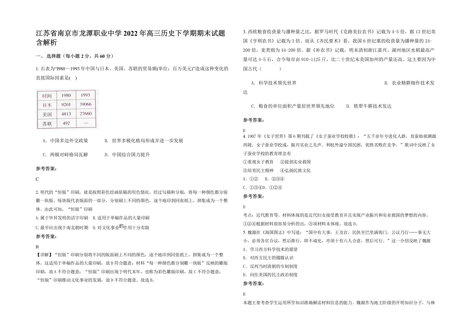 江苏省南京市龙潭职业中学2022年高三历史下学期期末试题含解析