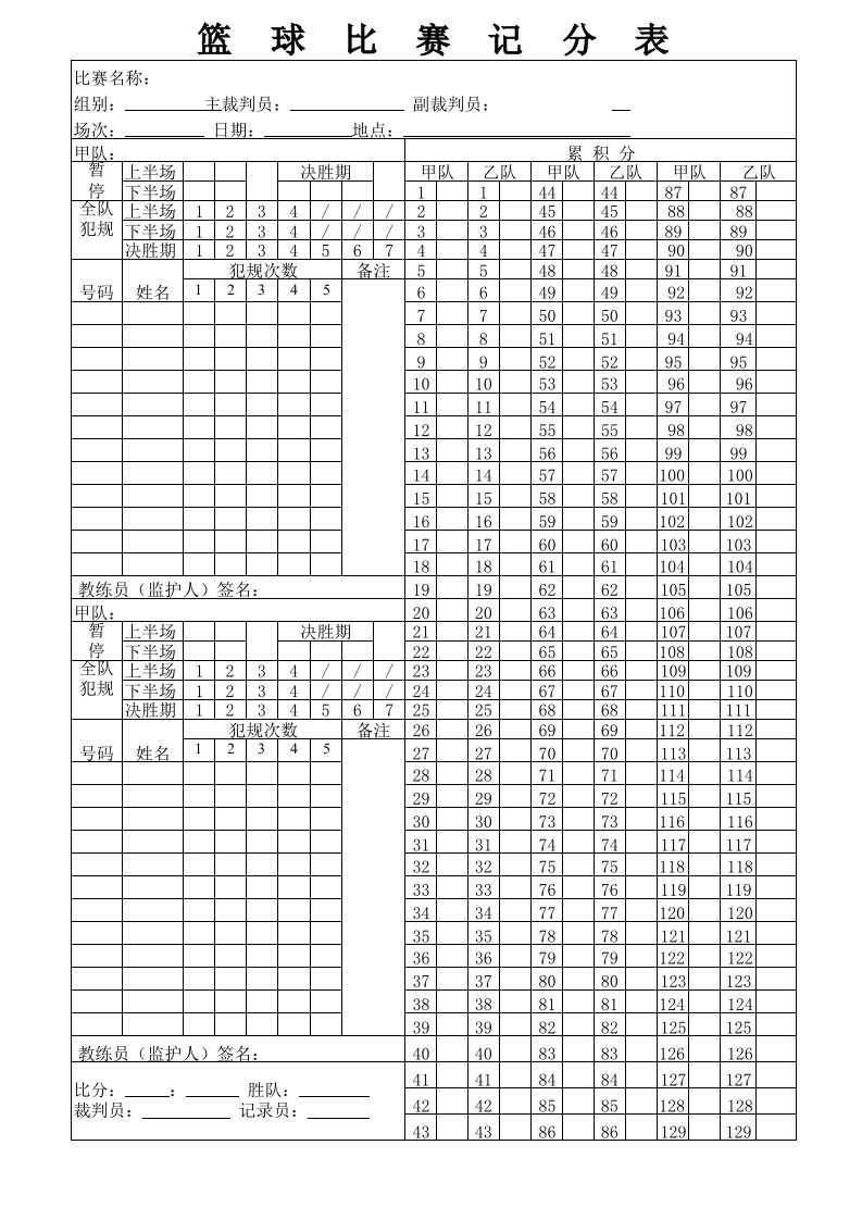 篮球比赛记分表电子表格