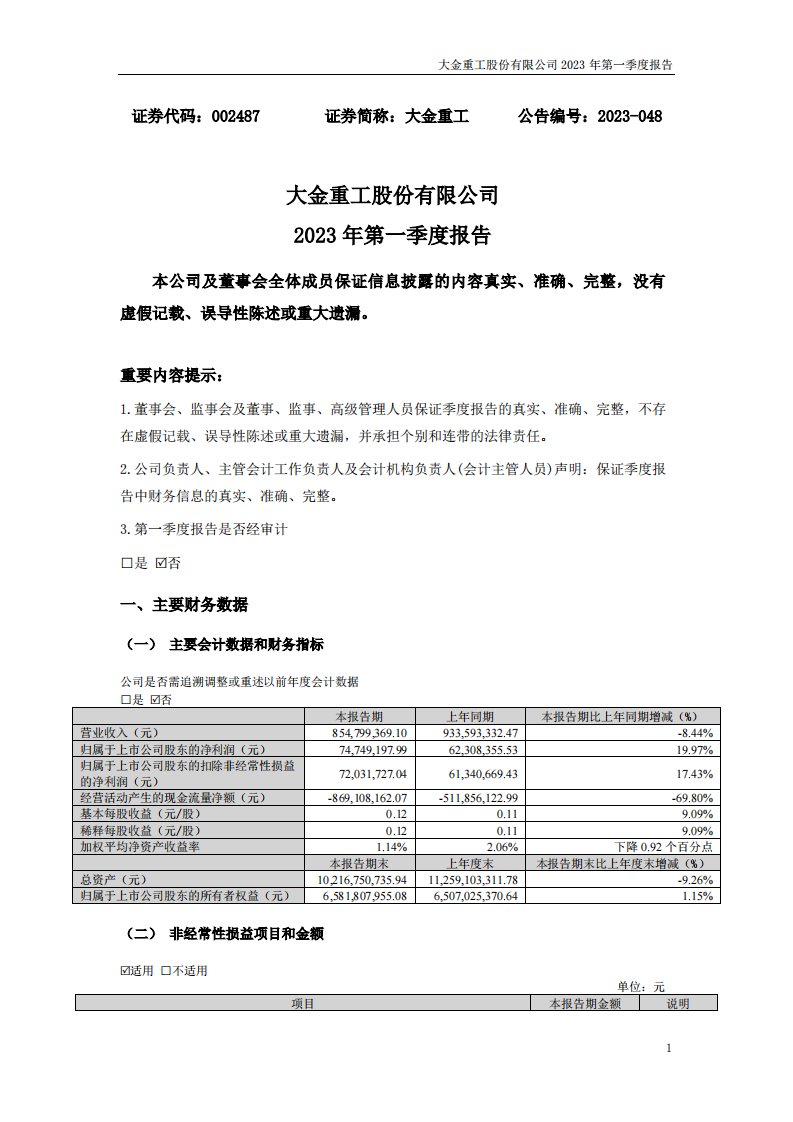 深交所-大金重工：2023年一季度报告-20230429