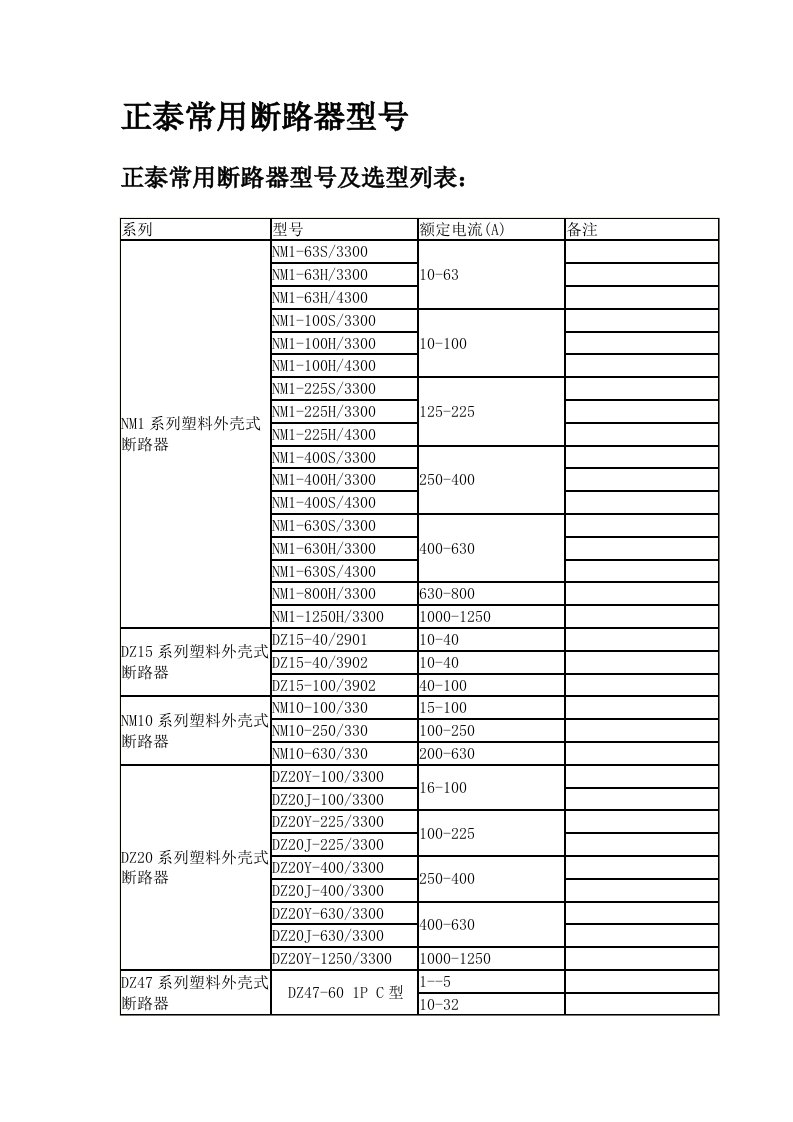 正泰电器常用断路器型号