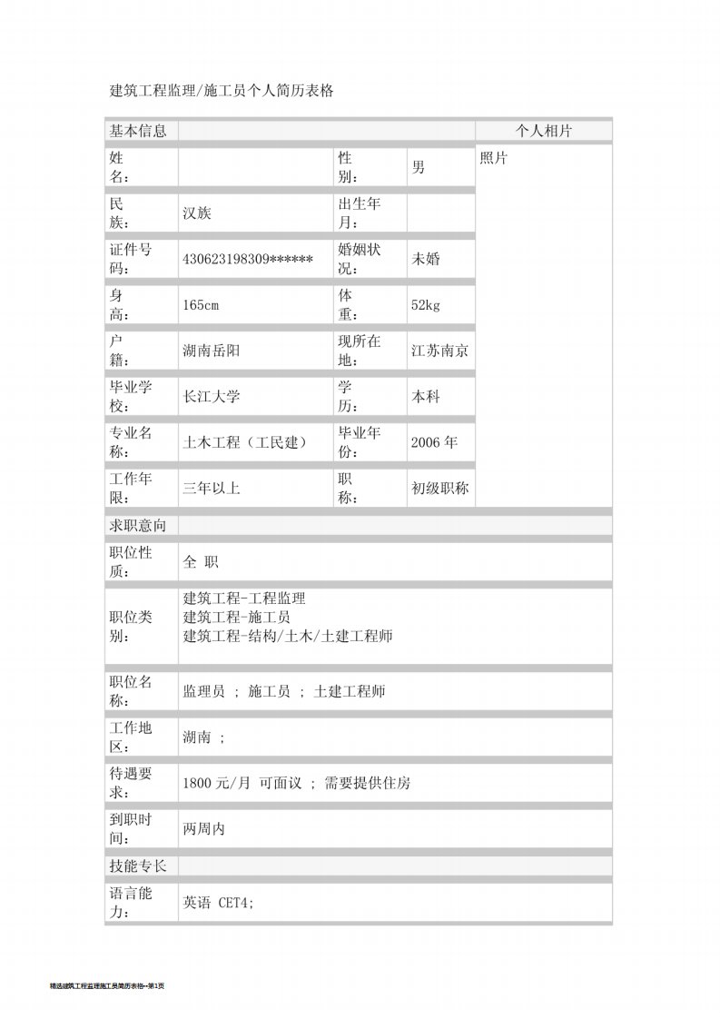 精选建筑工程监理施工员简历表格