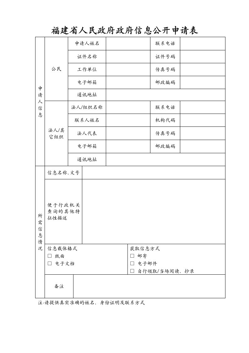 福建省人民政府政府信息公开申请表