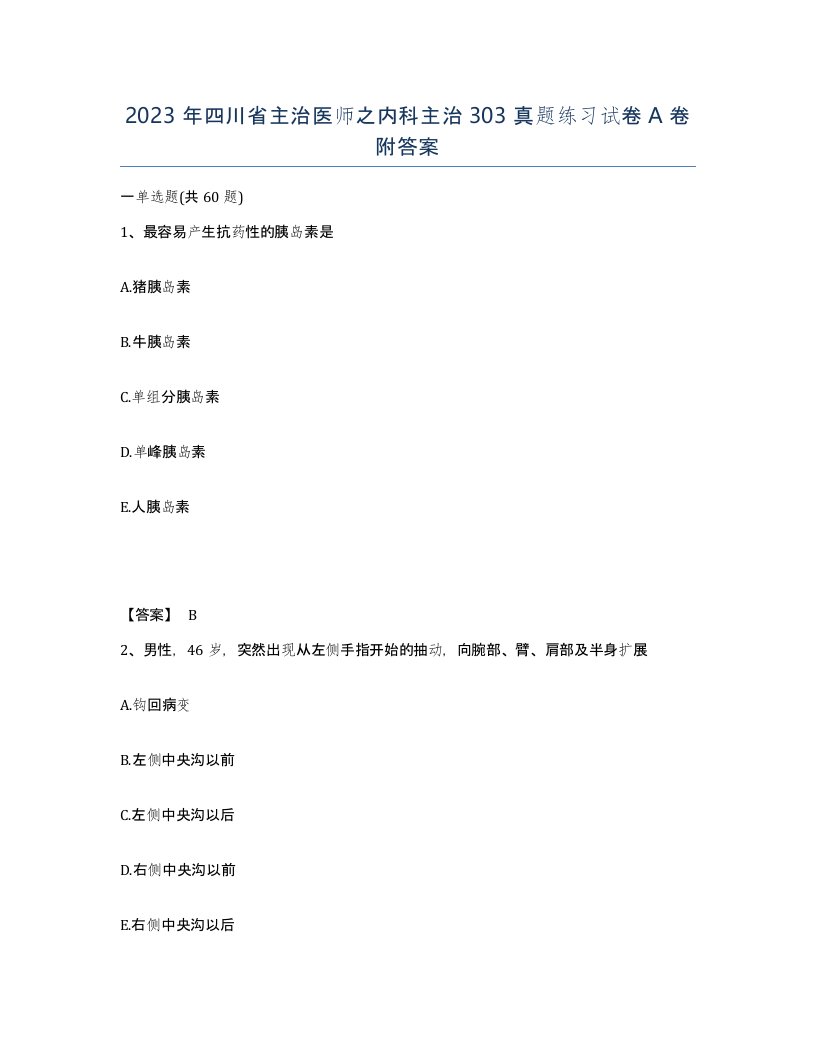 2023年四川省主治医师之内科主治303真题练习试卷A卷附答案