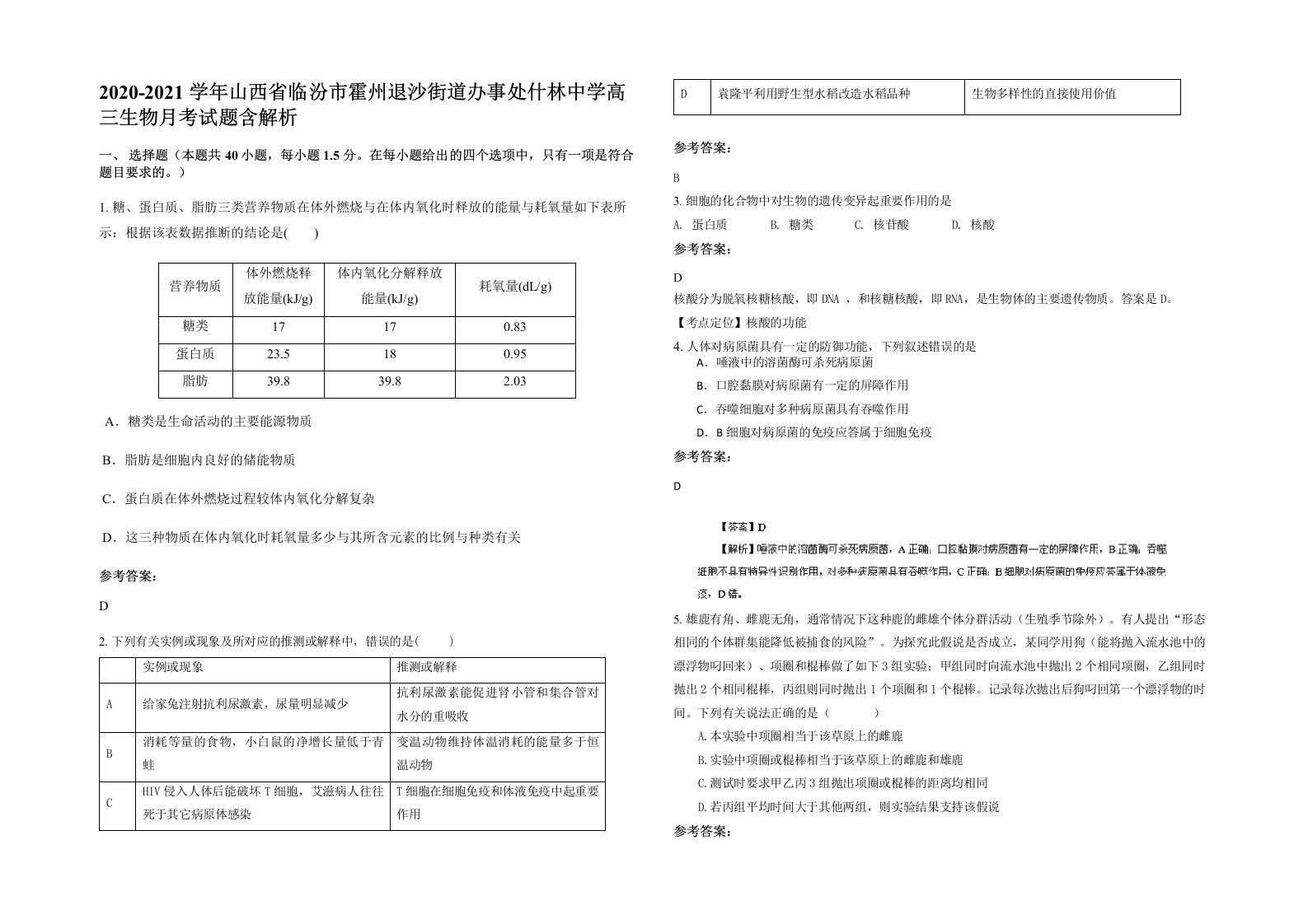 2020-2021学年山西省临汾市霍州退沙街道办事处什林中学高三生物月考试题含解析