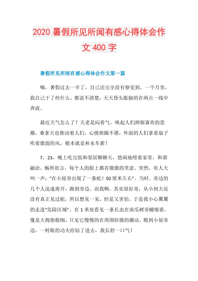 暑假所见所闻有感心得体会作文400字