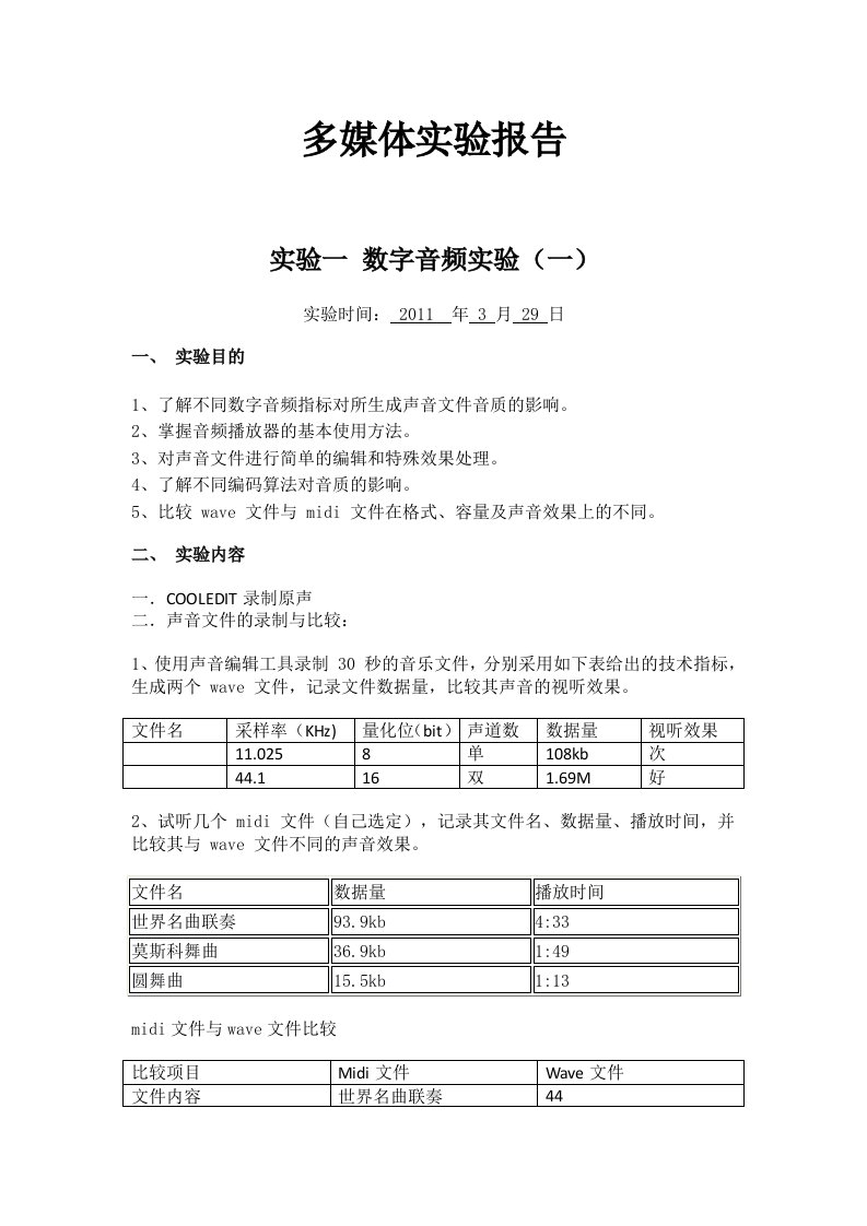 多媒体技术基础实验报告