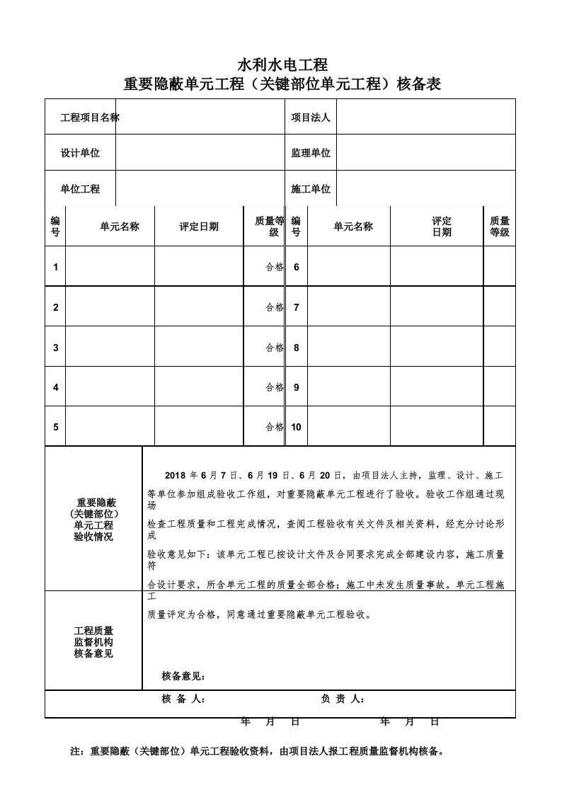 水利水电工程重要隐蔽单元工程(关键部位单元工程)核备表