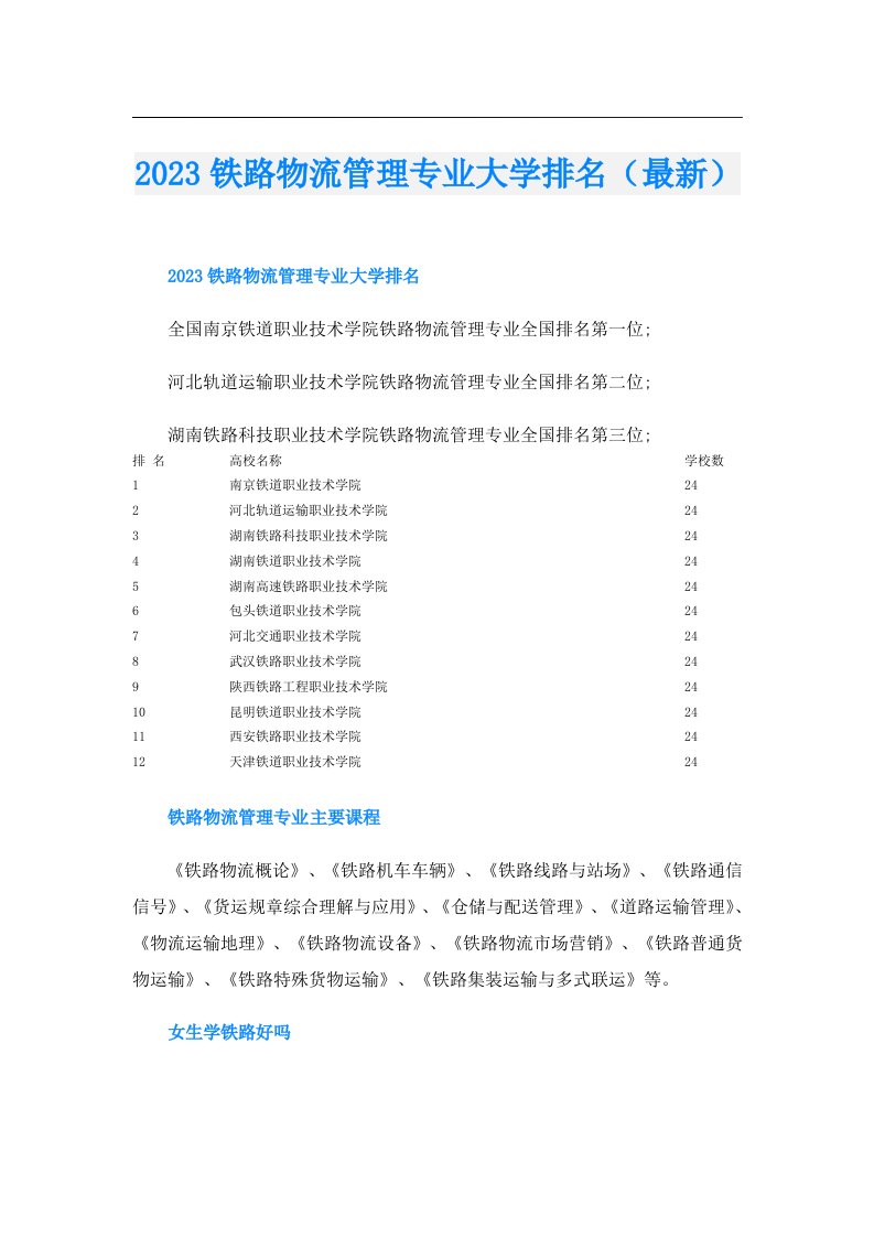 铁路物流管理专业大学排名（最新）