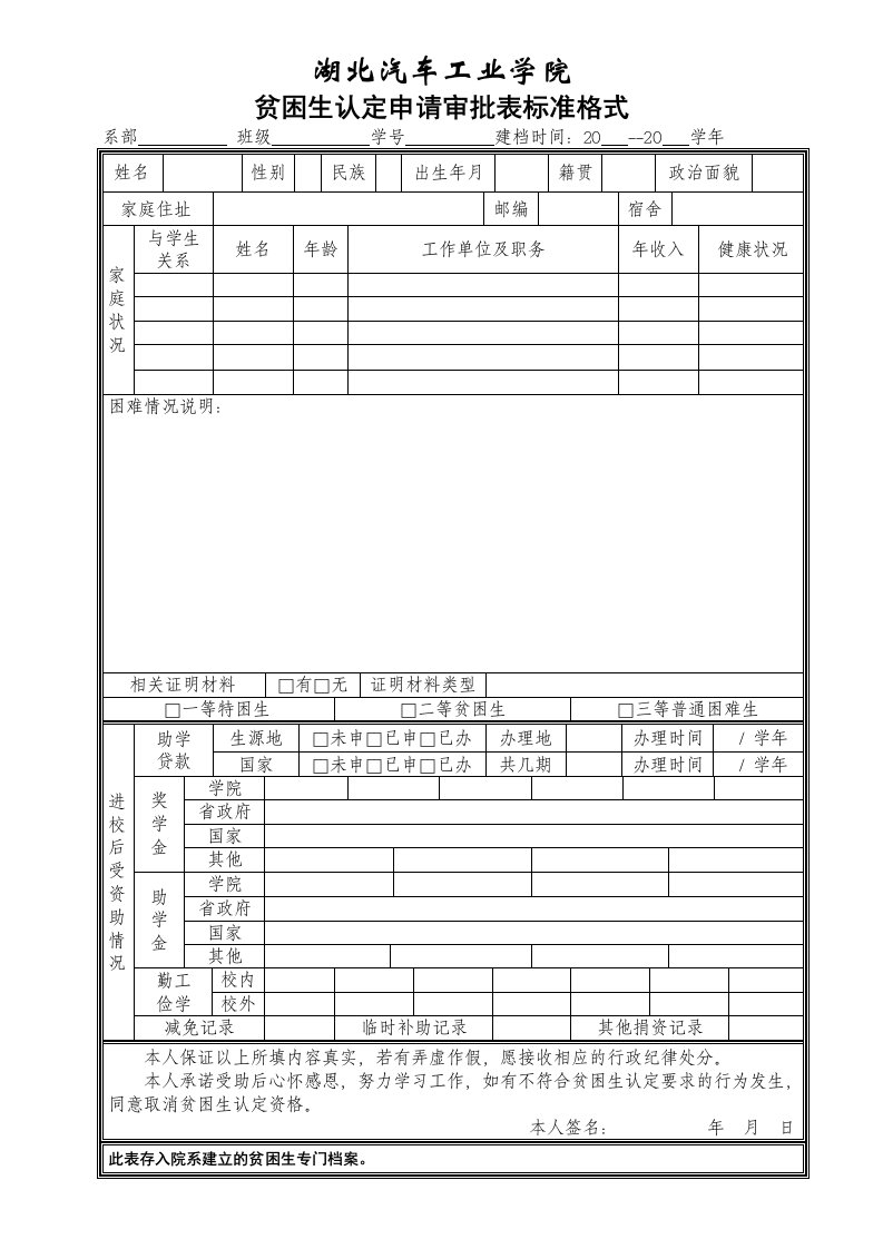 贫困生认定申请审批表标准表