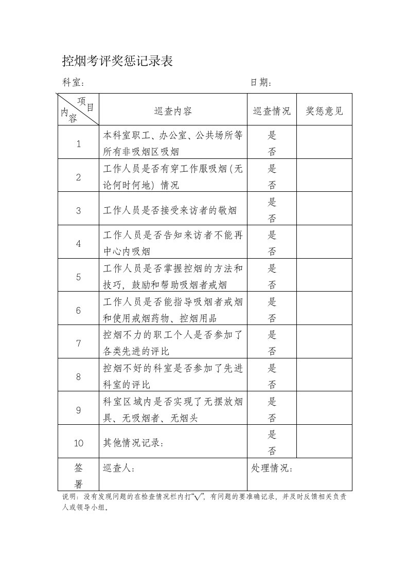 控烟考评奖惩记录表