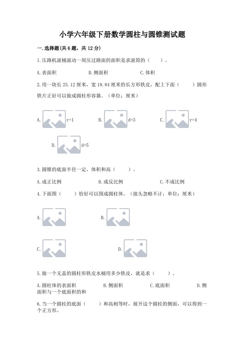 小学六年级下册数学圆柱与圆锥测试题精品（历年真题）