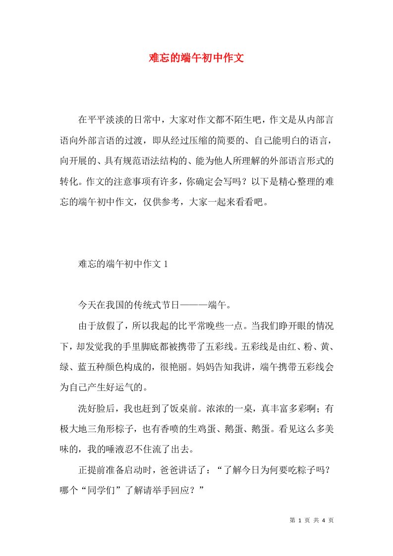 难忘的端午初中作文