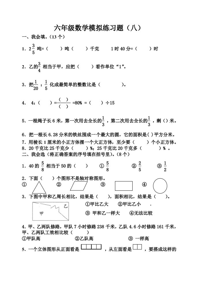 北师大版小学六年级数学毕业综合训练题八