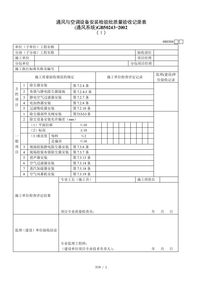 通风与空调设备安装检验批质量验收记录表Ⅰ