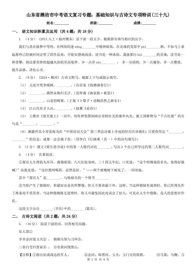 山东省潍坊市中考语文复习专题：基础知识与古诗文专项特训(三十九)