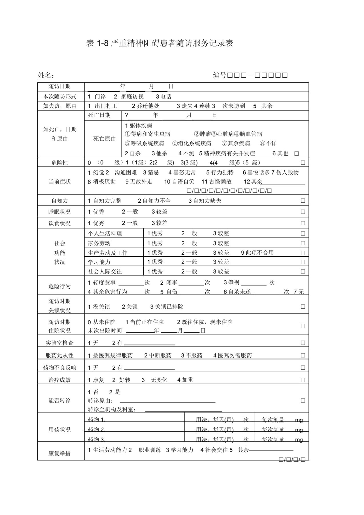 严重精神障碍患者随访服务记录表格